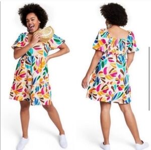 Tabitha Brown Smocked Floral Botanical Midi‎ Dress Size Large